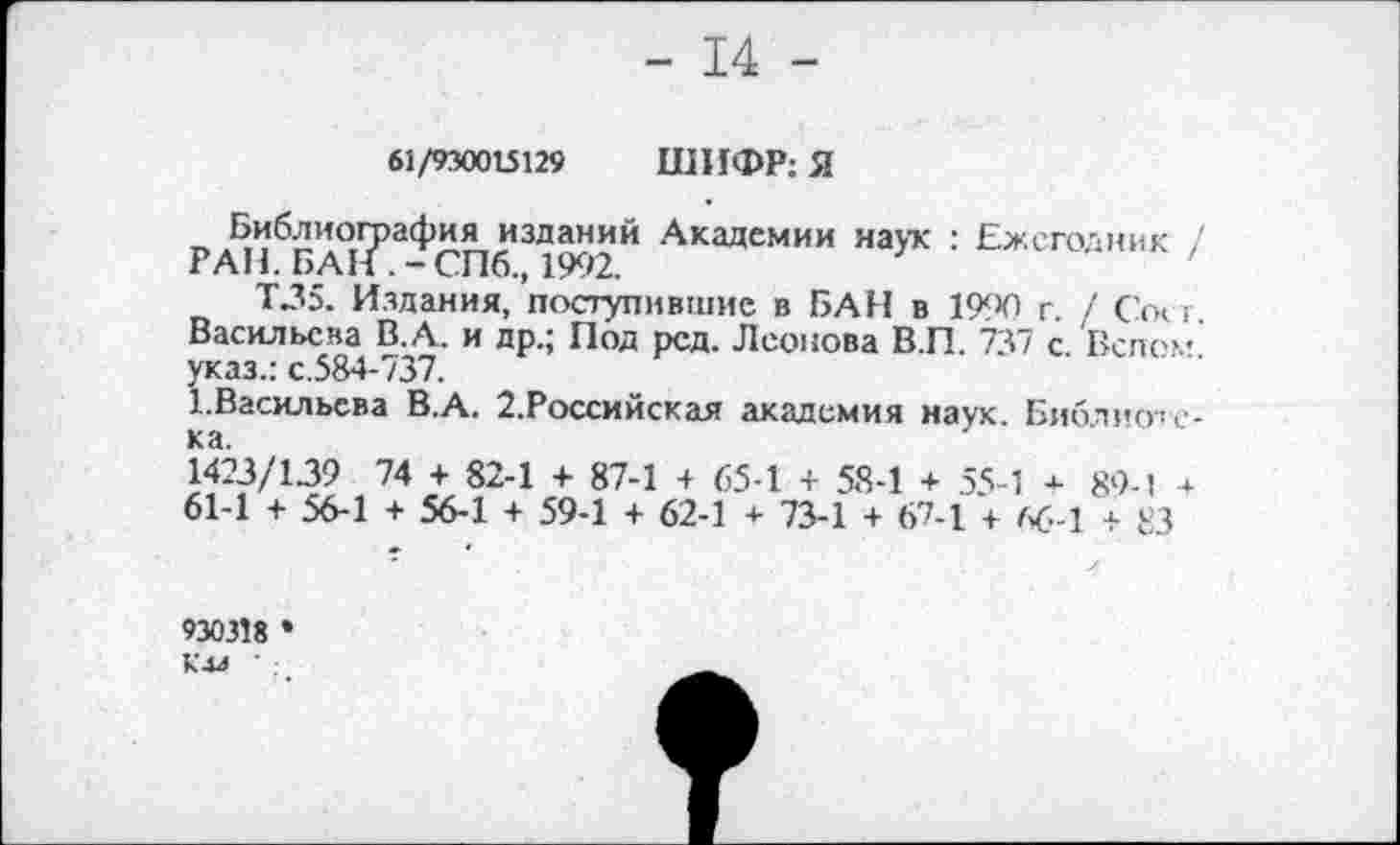 ﻿- 14 -
61/930015129 ШИФР: Я
Библиогоафия изданий Академии наук : Ежегодник / РАН. БАН . - СПб., 1992.
Т35. Издания, поступившие в БАН в 1990 г. / Сои. Васильева В.А. и др.; Под рсд. Леонова В.П. 737 с. Вспом указ.: с.584-737.
^Васильева В.А. 2.Российская академия наук. Библиозека.
1423/139 74 + 82-1 + 87-1 + 65-1 + 58-1 + 55-1 + 89-1 + 61-1 + 56-1 + 56-1 + 59-1 + 62-1 + 73-1 + 67-1 + 66-1 + а
930318 • к 43